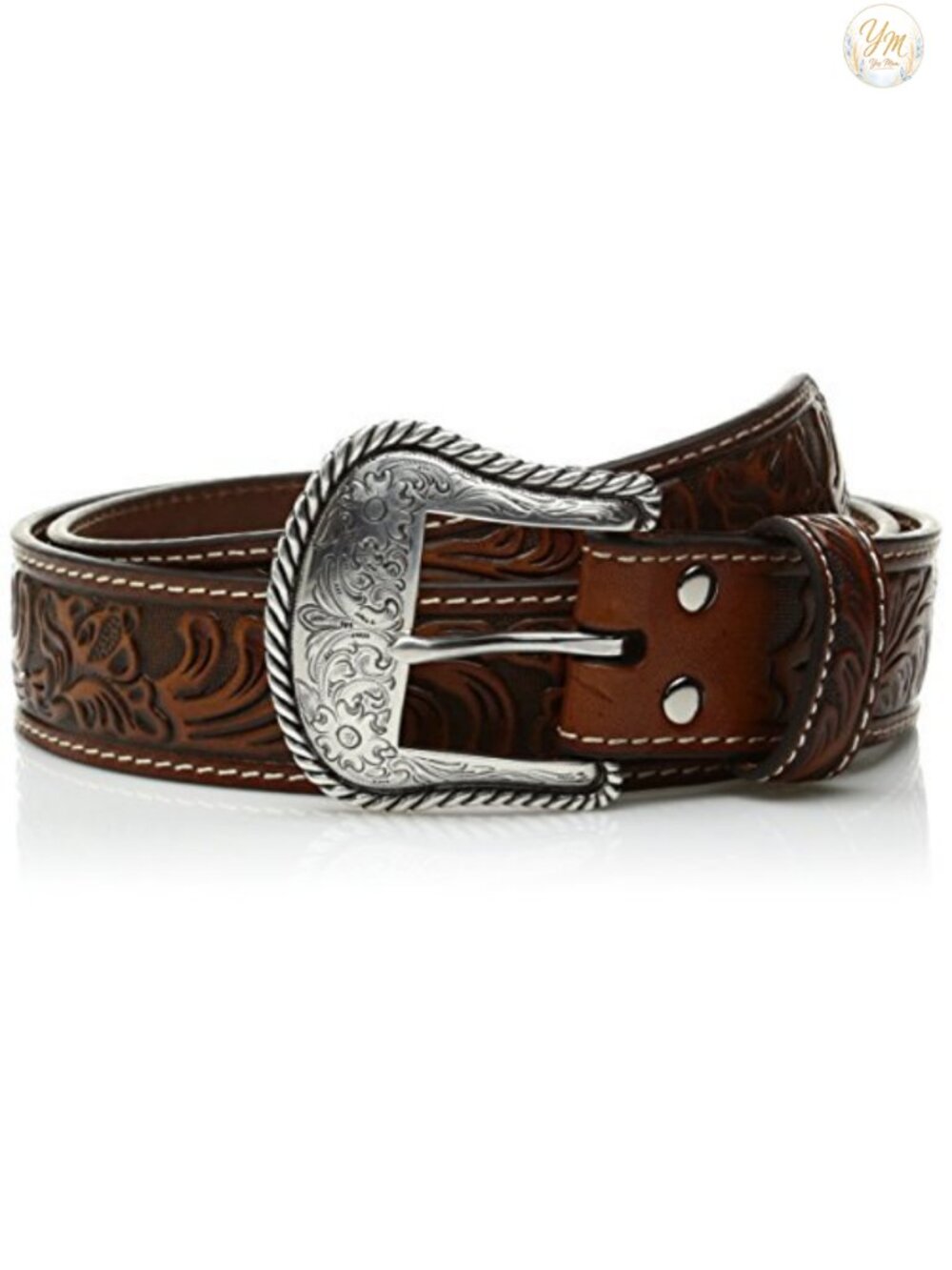 Men's Western Belt with Floral Embossed Leather Strap and Removable Buckle